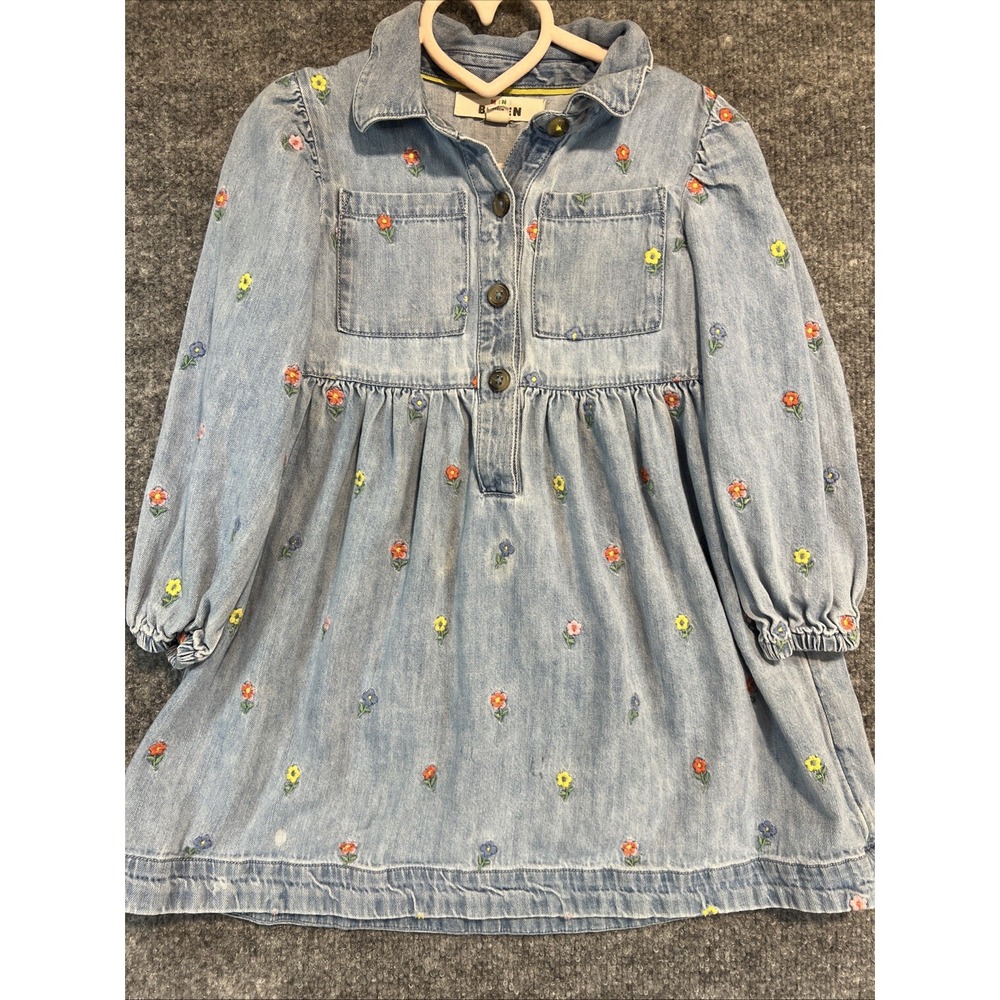 Mini Boden Girls Floral Embroidered Denim Dress Size 4-5Y Long Sleeve Light Wash